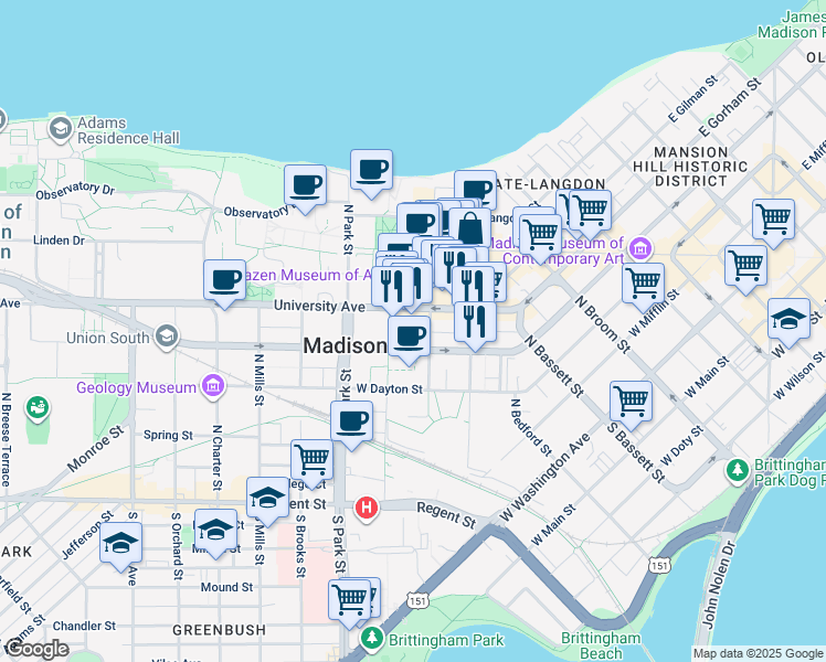 map of restaurants, bars, coffee shops, grocery stores, and more near 333 East Campus Mall in Madison