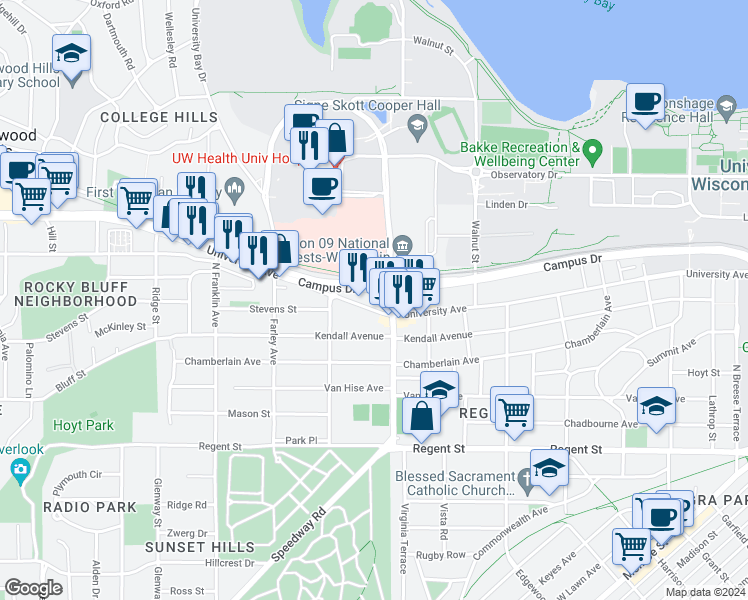 map of restaurants, bars, coffee shops, grocery stores, and more near 2550 University Avenue in Madison