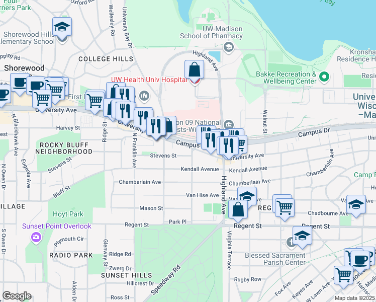 map of restaurants, bars, coffee shops, grocery stores, and more near 2601 University Avenue in Madison
