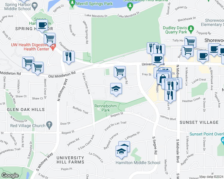 map of restaurants, bars, coffee shops, grocery stores, and more near 4815 Sheboygan Avenue in Madison