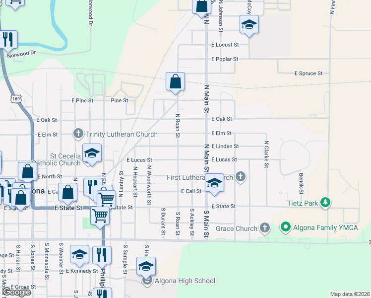 map of restaurants, bars, coffee shops, grocery stores, and more near 1400-1598 East Linden Street in Algona