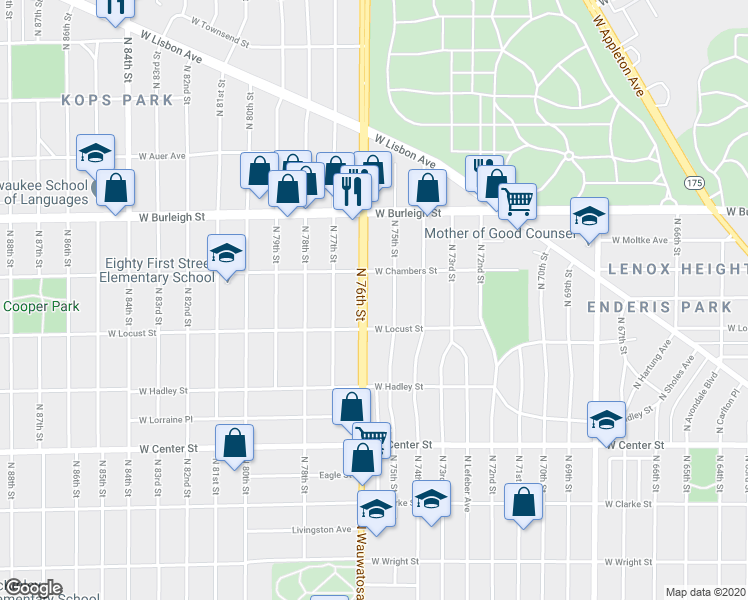 map of restaurants, bars, coffee shops, grocery stores, and more near 2940 North 76th Street in Milwaukee