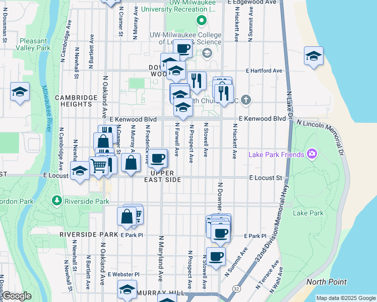 map of restaurants, bars, coffee shops, grocery stores, and more near 2971 North Prospect Avenue in Milwaukee