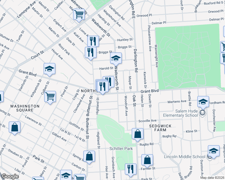 map of restaurants, bars, coffee shops, grocery stores, and more near 1718 Grant Boulevard in Syracuse