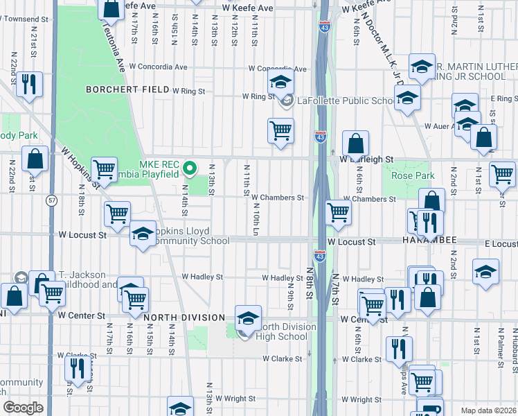 map of restaurants, bars, coffee shops, grocery stores, and more near 2958 North 10th Lane in Milwaukee