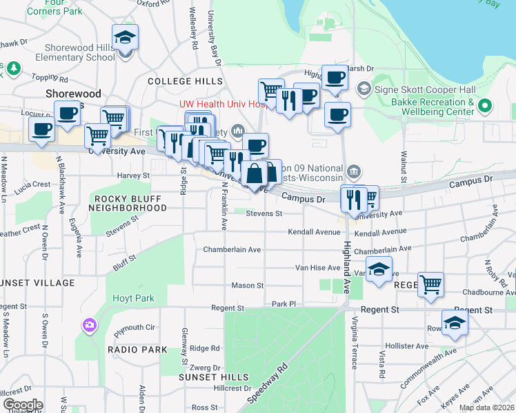 map of restaurants, bars, coffee shops, grocery stores, and more near 506 Farley Avenue in Madison