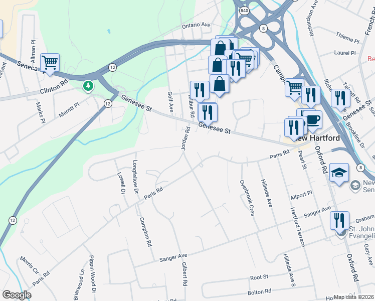 map of restaurants, bars, coffee shops, grocery stores, and more near 5 Jordan Road in New Hartford