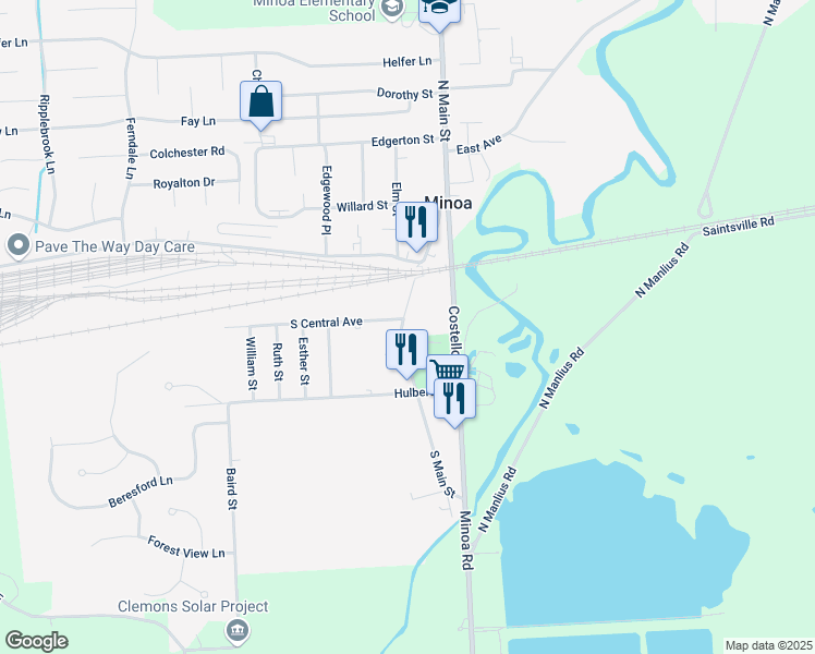 map of restaurants, bars, coffee shops, grocery stores, and more near 207 South Main Street in Minoa