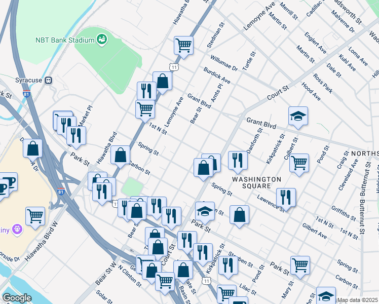 map of restaurants, bars, coffee shops, grocery stores, and more near 1307 1st N St in Syracuse