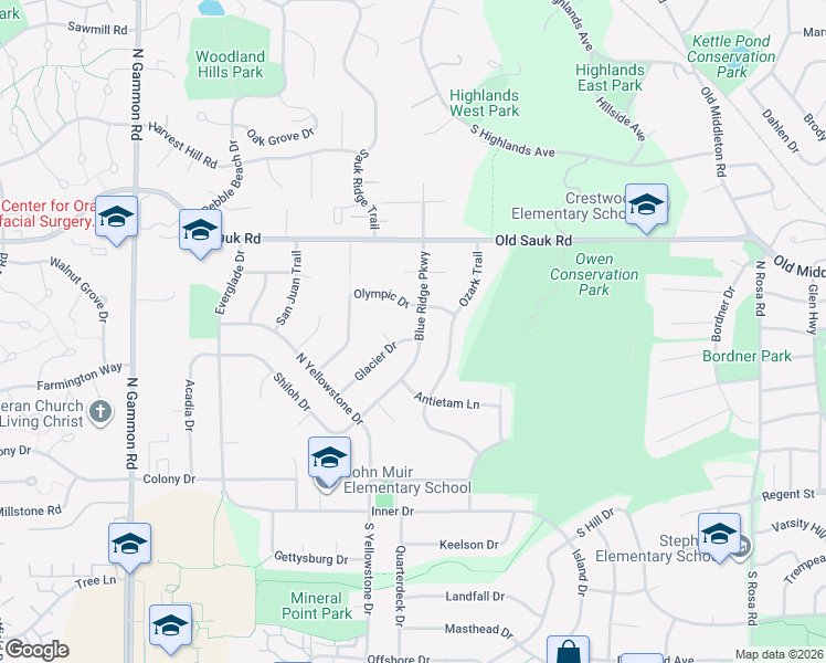 map of restaurants, bars, coffee shops, grocery stores, and more near 402 Blue Ridge Parkway in Madison
