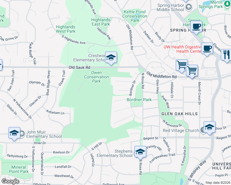 map of restaurants, bars, coffee shops, grocery stores, and more near 5737 Cedar Place in Madison