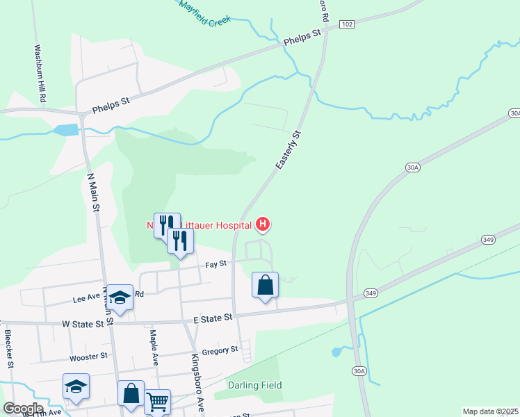 map of restaurants, bars, coffee shops, grocery stores, and more near 44 Easterly Street in Gloversville