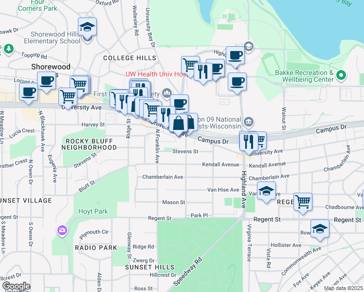 map of restaurants, bars, coffee shops, grocery stores, and more near 508 Farley Avenue in Madison