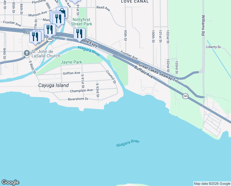 map of restaurants, bars, coffee shops, grocery stores, and more near 9362 Rivershore Dr in Niagara Falls