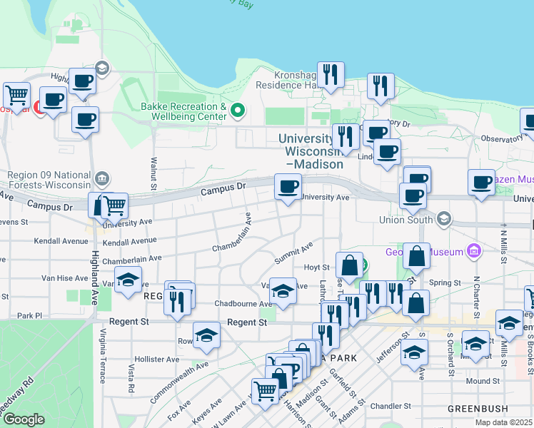 map of restaurants, bars, coffee shops, grocery stores, and more near 1904 Kendall Avenue in Madison