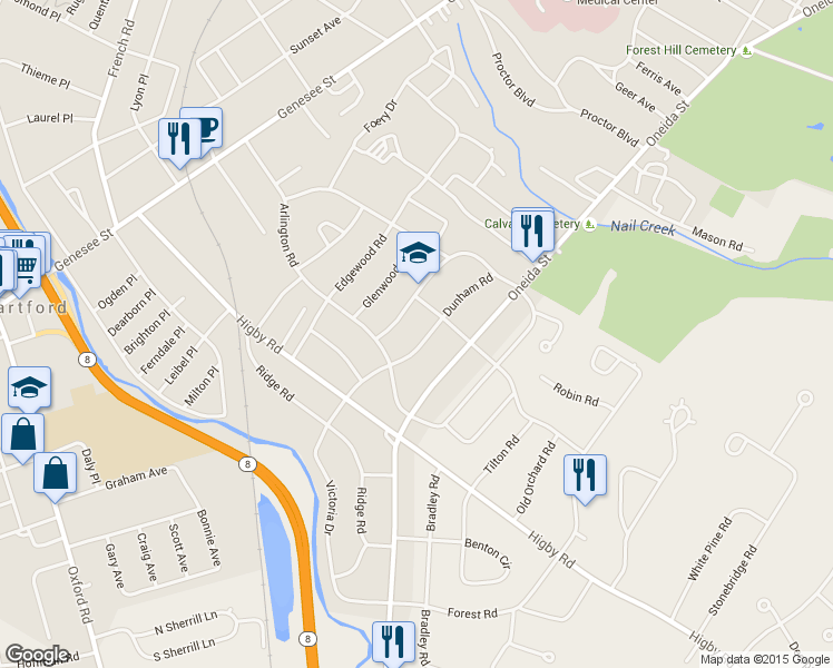 map of restaurants, bars, coffee shops, grocery stores, and more near 2636 Dunham Road in Utica