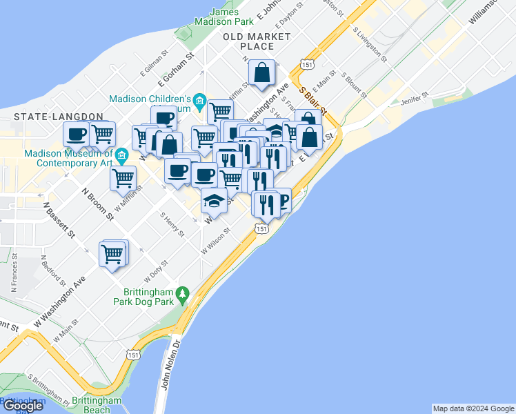 map of restaurants, bars, coffee shops, grocery stores, and more near 5 East Wilson Street in Madison
