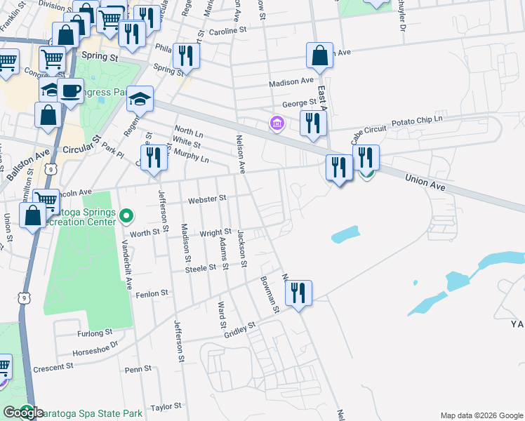 map of restaurants, bars, coffee shops, grocery stores, and more near 112 Nelson Avenue in Saratoga Springs