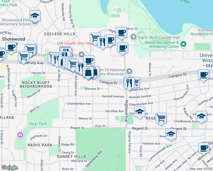 map of restaurants, bars, coffee shops, grocery stores, and more near 2601 University Avenue in Madison