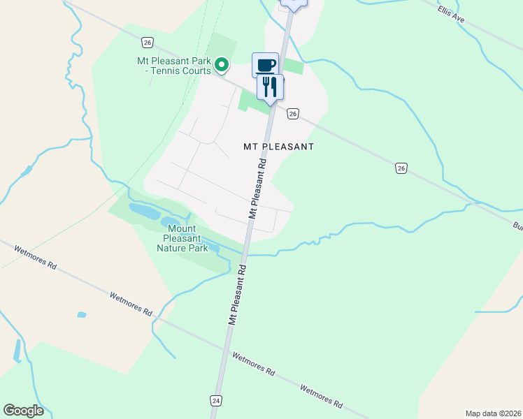 map of restaurants, bars, coffee shops, grocery stores, and more near 738 Mount Pleasant Road in Brant