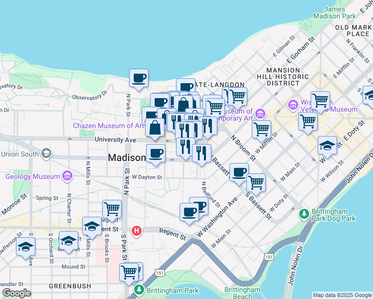 map of restaurants, bars, coffee shops, grocery stores, and more near 313 North Frances Street in Madison