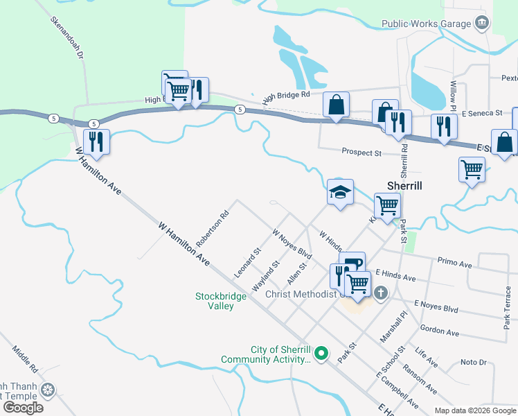 map of restaurants, bars, coffee shops, grocery stores, and more near 600 West Hinds Avenue in Sherrill
