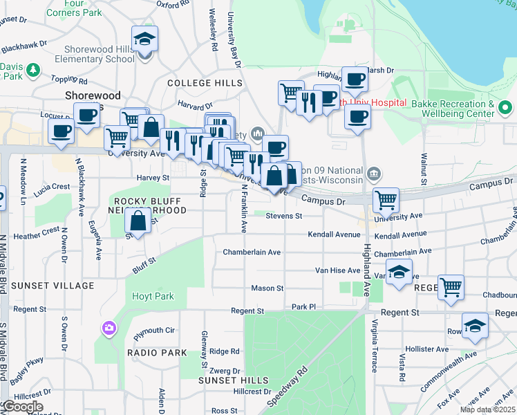 map of restaurants, bars, coffee shops, grocery stores, and more near 2737 Lynn Terrace in Madison