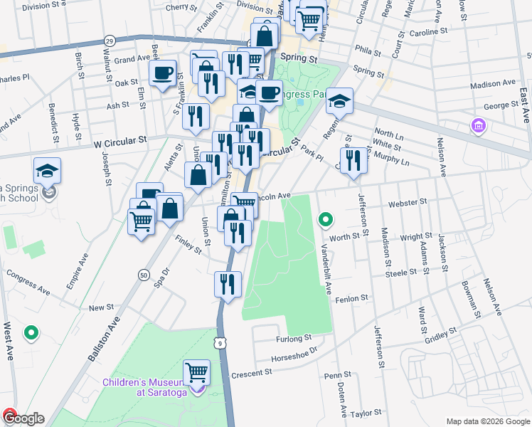 map of restaurants, bars, coffee shops, grocery stores, and more near 13 Green Ridge Place in Saratoga Springs