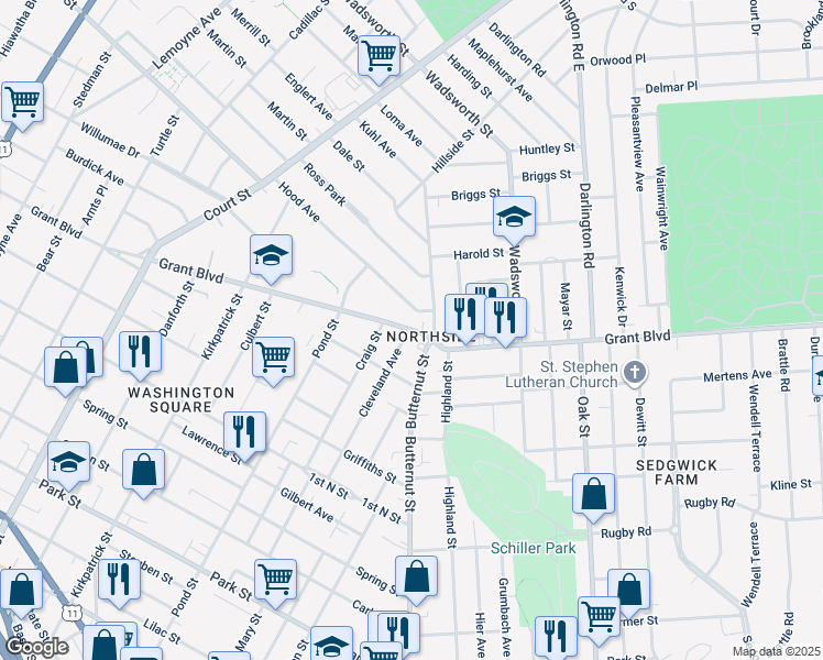 map of restaurants, bars, coffee shops, grocery stores, and more near 2031 Grant Boulevard in Syracuse