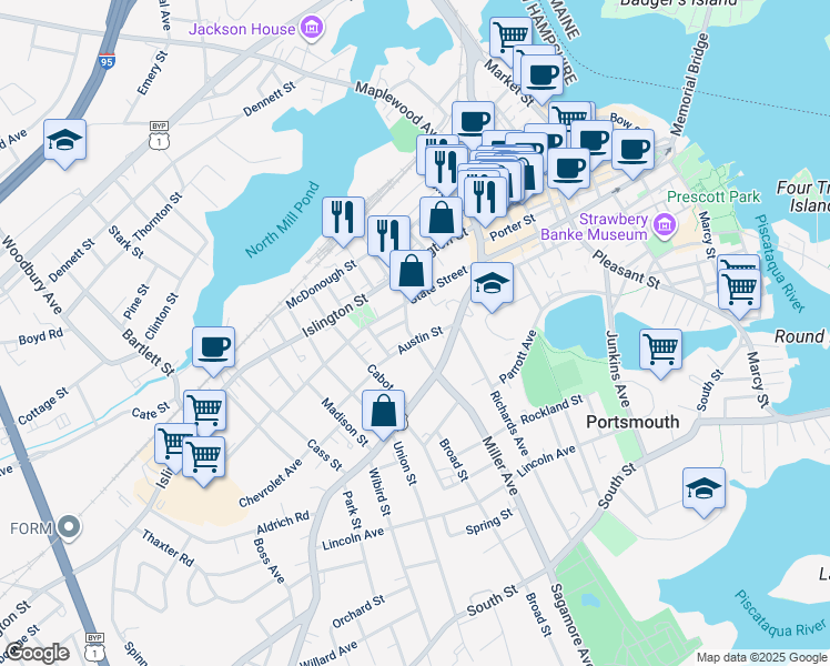 map of restaurants, bars, coffee shops, grocery stores, and more near in Portsmouth