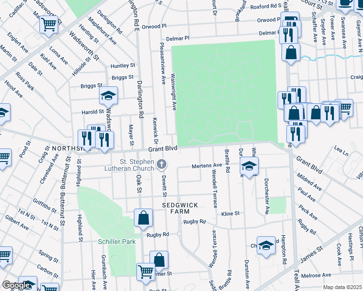 map of restaurants, bars, coffee shops, grocery stores, and more near 1135 Grant Boulevard in Syracuse