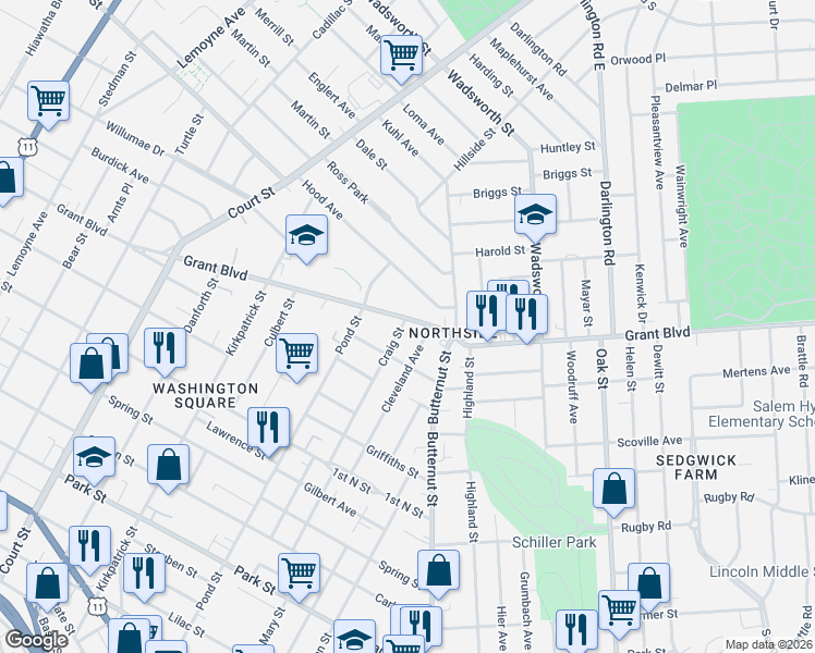 map of restaurants, bars, coffee shops, grocery stores, and more near 522 Craig Street in Syracuse