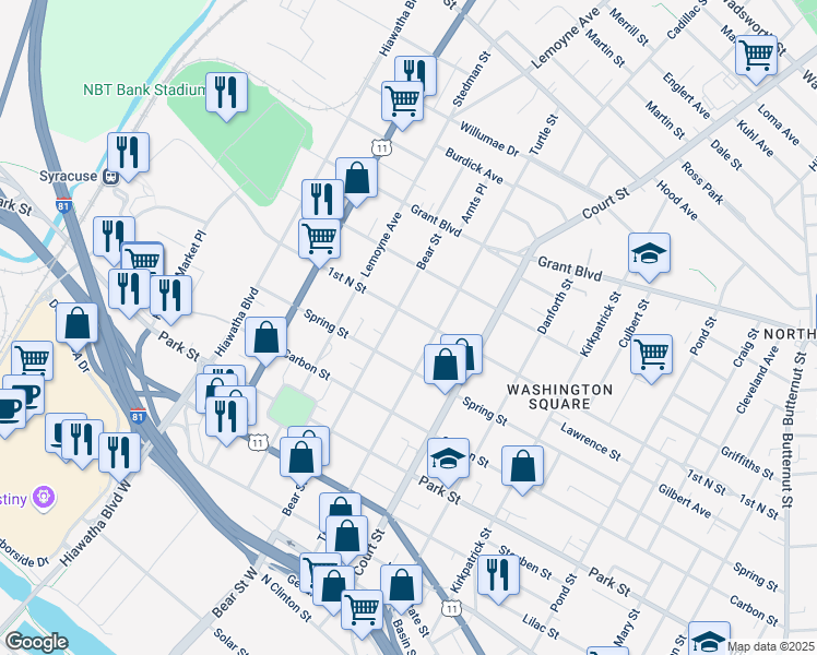 map of restaurants, bars, coffee shops, grocery stores, and more near 1307 1st North Street in Syracuse
