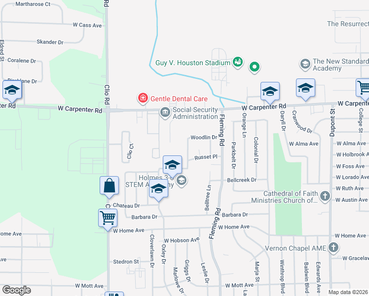 map of restaurants, bars, coffee shops, grocery stores, and more near 6801 Fleetwood Drive in Flint