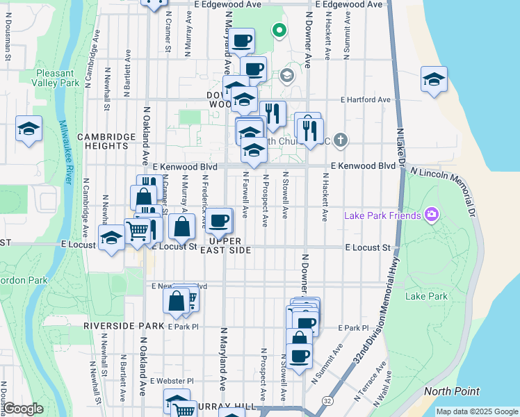 map of restaurants, bars, coffee shops, grocery stores, and more near 2971 North Prospect Avenue in Milwaukee