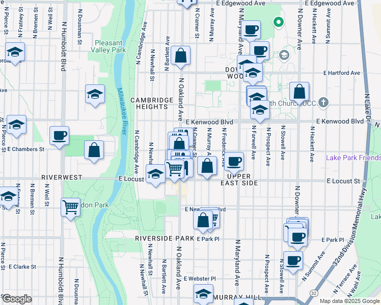map of restaurants, bars, coffee shops, grocery stores, and more near 2966 North Cramer Street in Milwaukee