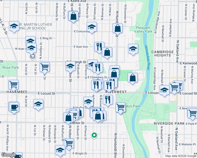 map of restaurants, bars, coffee shops, grocery stores, and more near 2962 North Bremen Street in Milwaukee