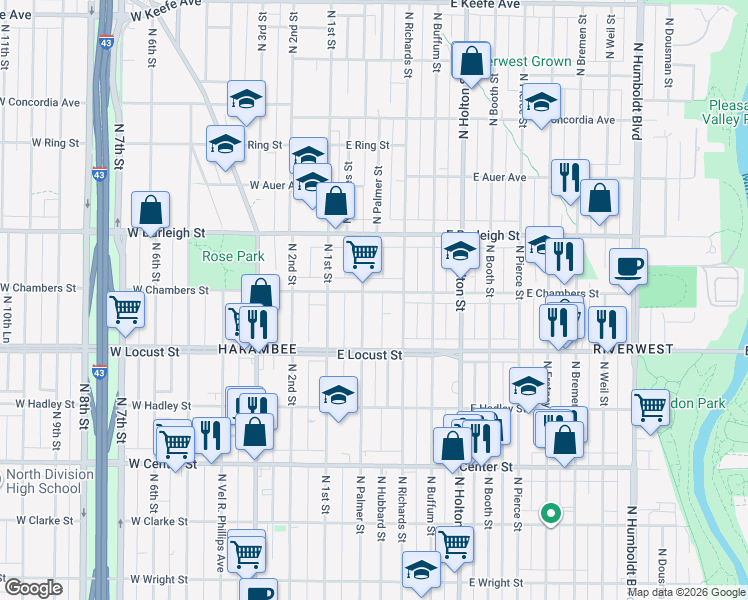 map of restaurants, bars, coffee shops, grocery stores, and more near 2958 North Palmer Street in Milwaukee