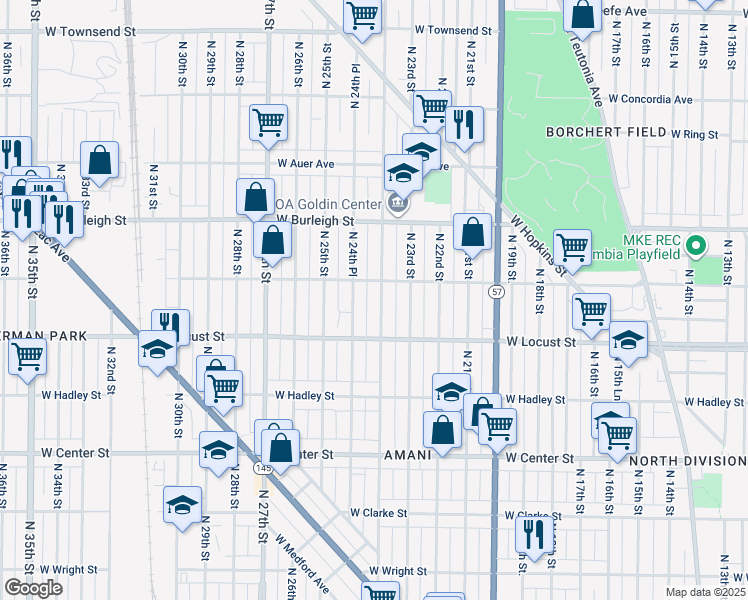 map of restaurants, bars, coffee shops, grocery stores, and more near 2944 North 24th Street in Milwaukee