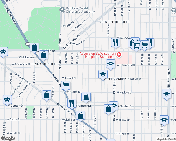 map of restaurants, bars, coffee shops, grocery stores, and more near 2939 North 55th Street in Milwaukee