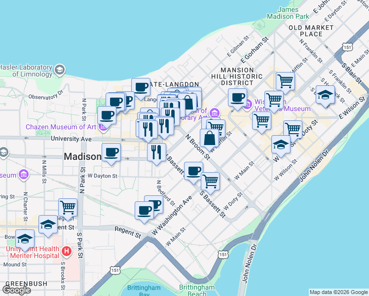 map of restaurants, bars, coffee shops, grocery stores, and more near 433 West Johnson Street in Madison