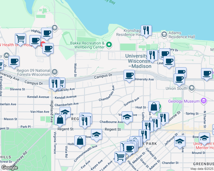 map of restaurants, bars, coffee shops, grocery stores, and more near 2029 University Avenue in Madison