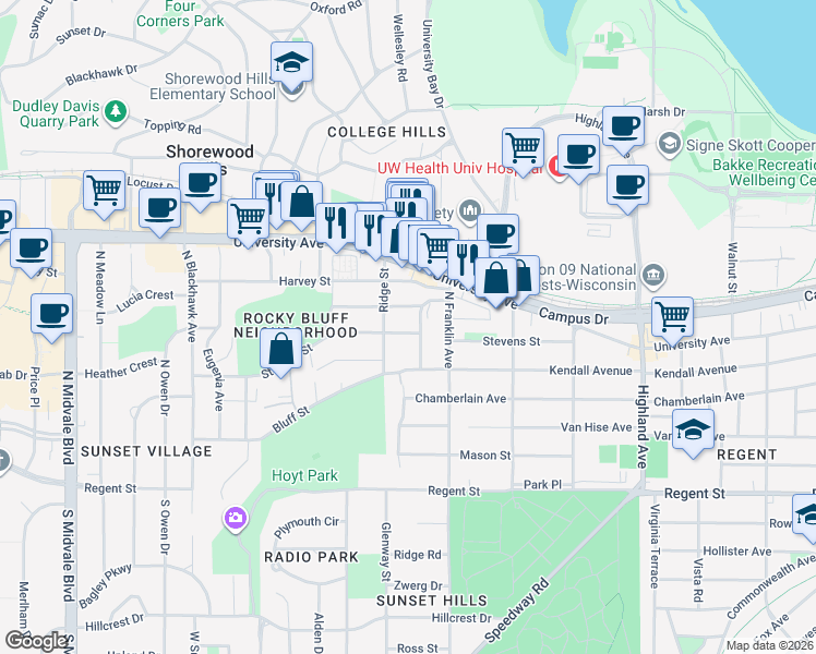 map of restaurants, bars, coffee shops, grocery stores, and more near 2830 Stevens Street in Madison