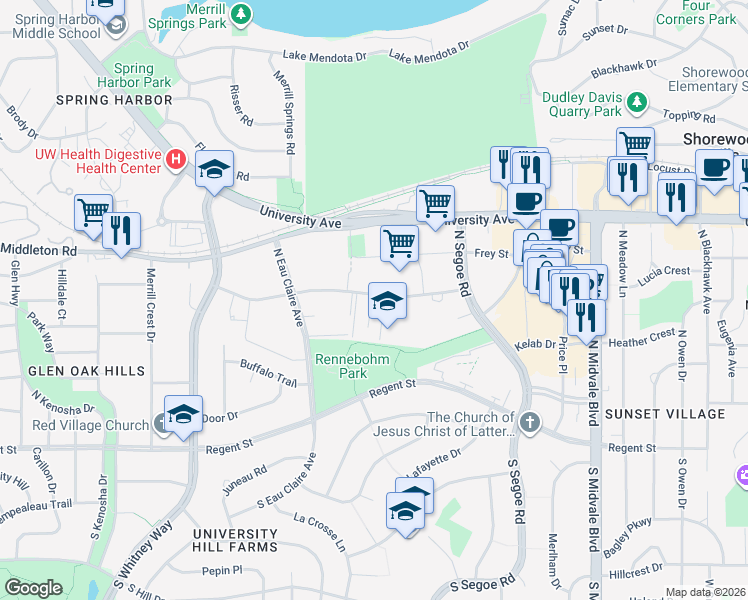 map of restaurants, bars, coffee shops, grocery stores, and more near 4815 Sheboygan Avenue in Madison
