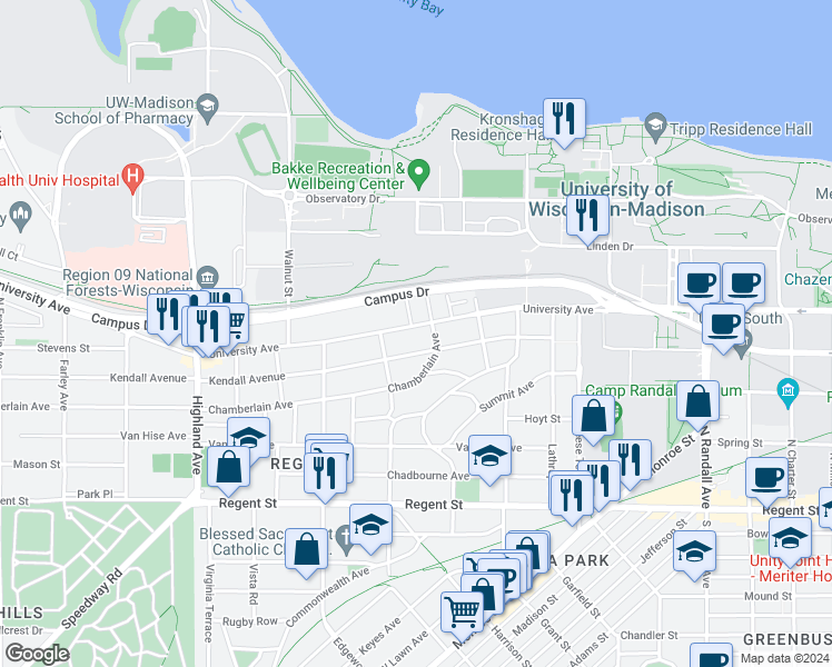map of restaurants, bars, coffee shops, grocery stores, and more near 2009 University Avenue in Madison