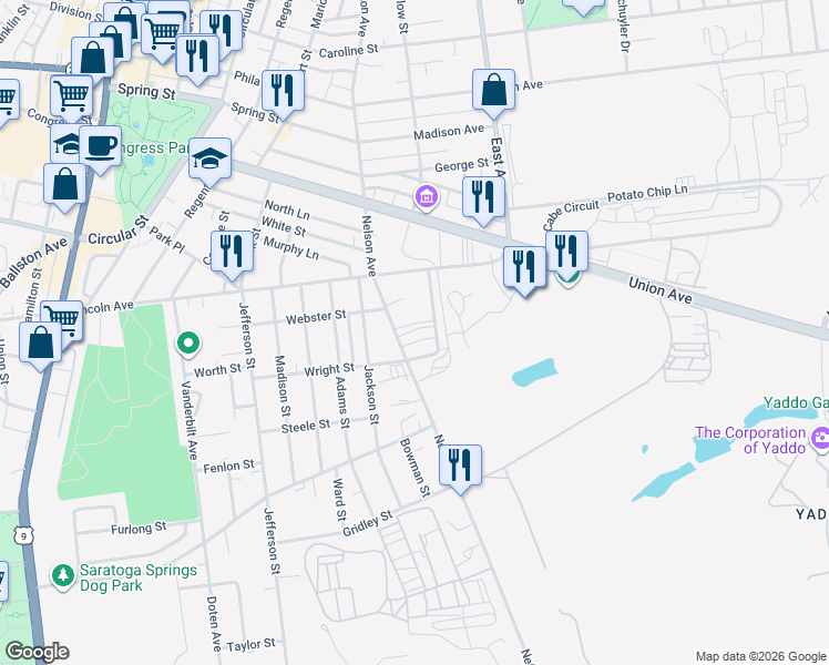 map of restaurants, bars, coffee shops, grocery stores, and more near 114 Nelson Avenue in Saratoga Springs