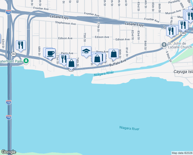 map of restaurants, bars, coffee shops, grocery stores, and more near 7650 West Rivershore Drive in Niagara Falls