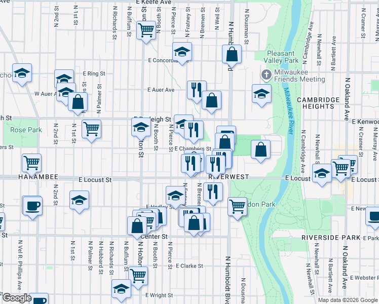 map of restaurants, bars, coffee shops, grocery stores, and more near 2959 North Fratney Street in Milwaukee