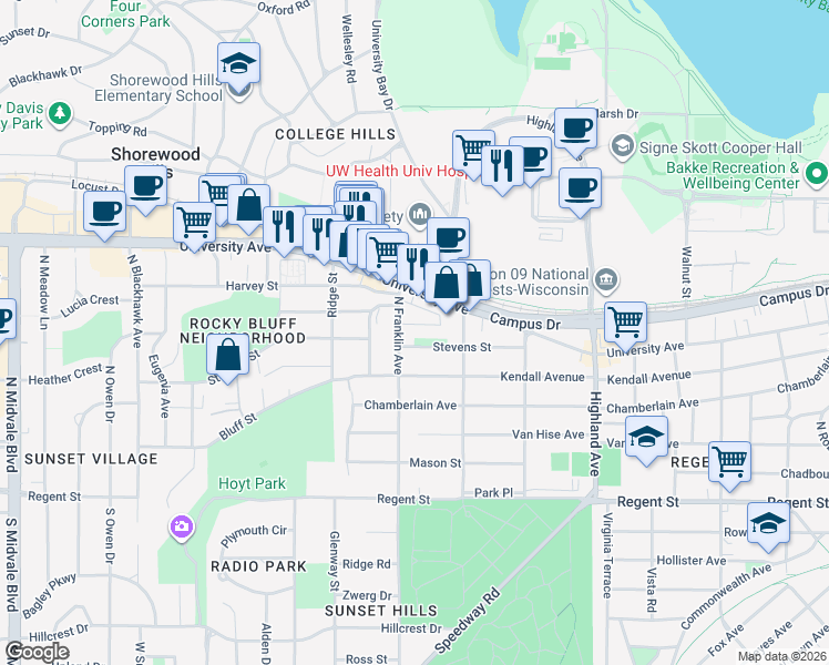 map of restaurants, bars, coffee shops, grocery stores, and more near 507 North Franklin Avenue in Madison