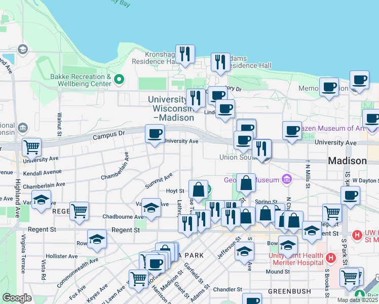 map of restaurants, bars, coffee shops, grocery stores, and more near 308 North Breese Terrace in Madison